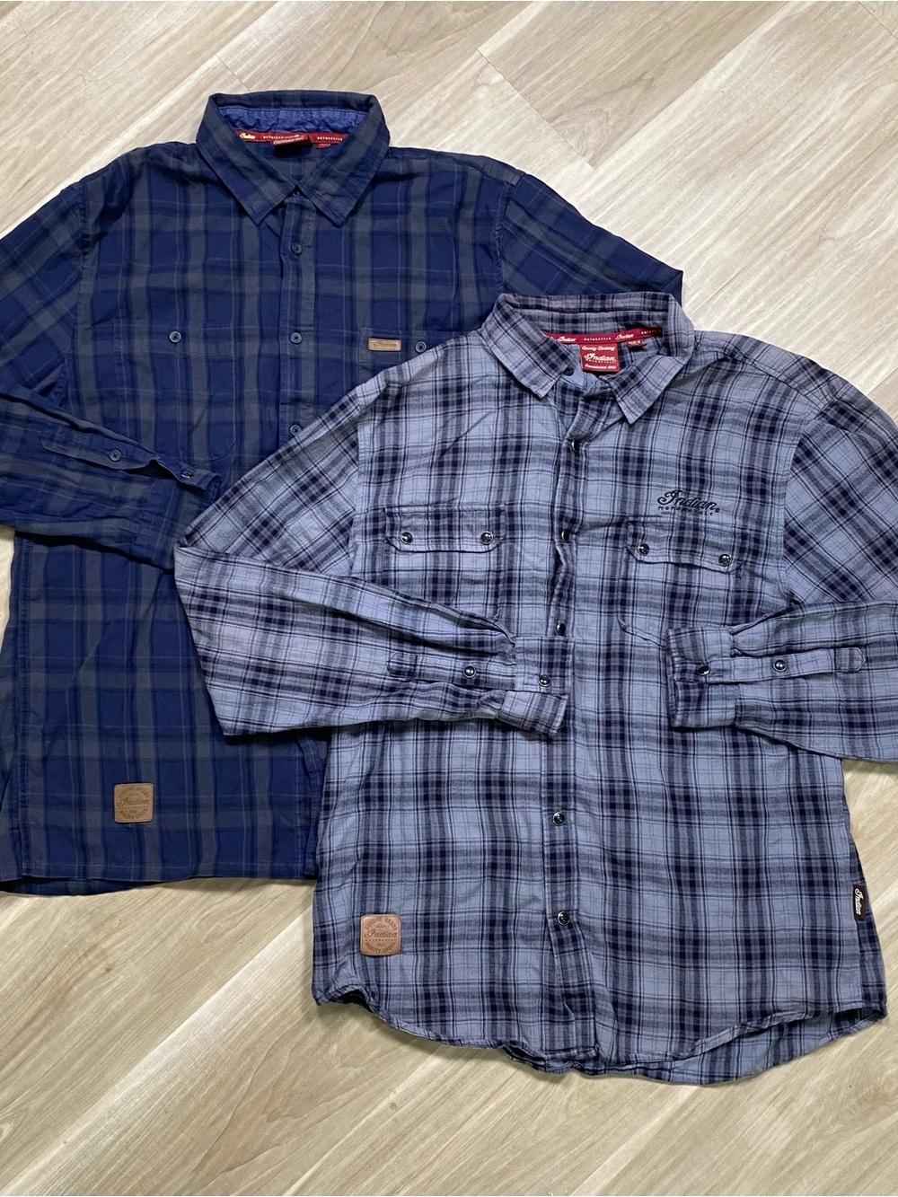 Lot of 2 Indian Motorcycle Shirts Mens Large Plaid Long Sleeve Snap Button